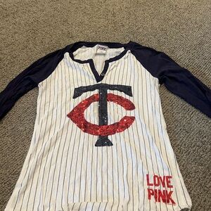 PINK Victoria's Secret Women’s Baseball Tee - Navy and White
